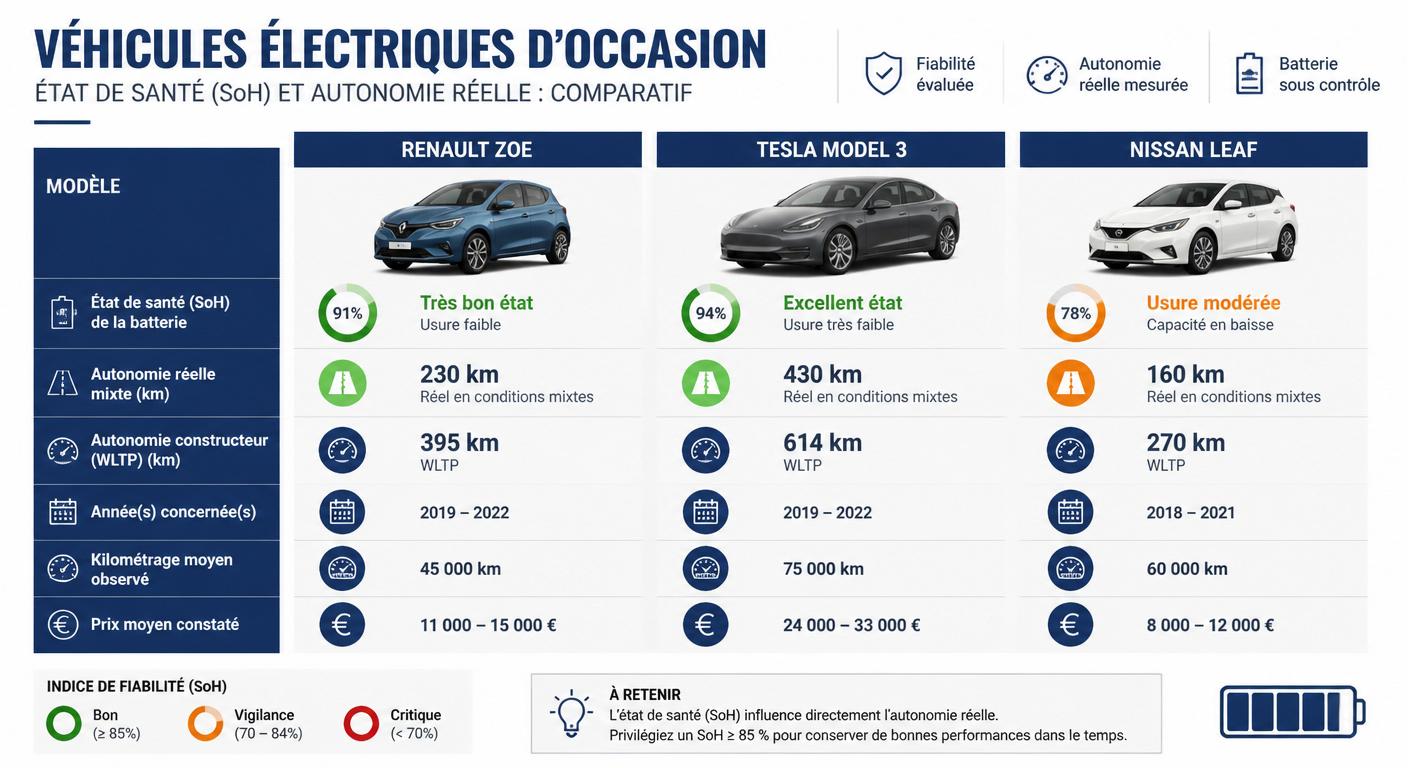 Infographie comparant le SoH et l'autonomie réelle de trois voitures électriques d'occasion populaires