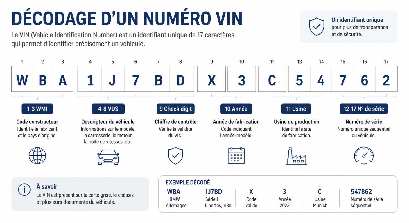 Infographie décodant la structure d'un VIN à 17 caractères