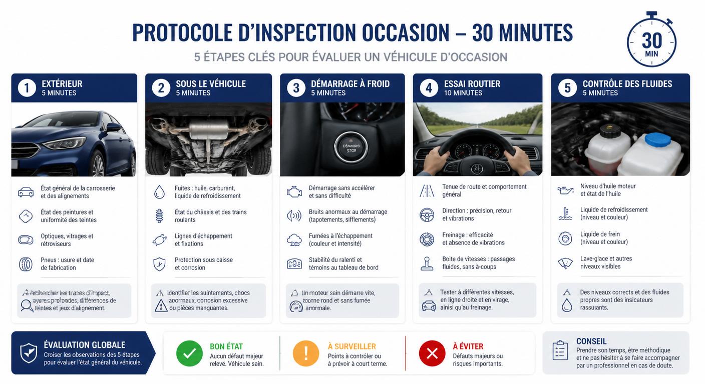 Infographie du protocole d'inspection en 30 minutes d'une voiture d'occasion