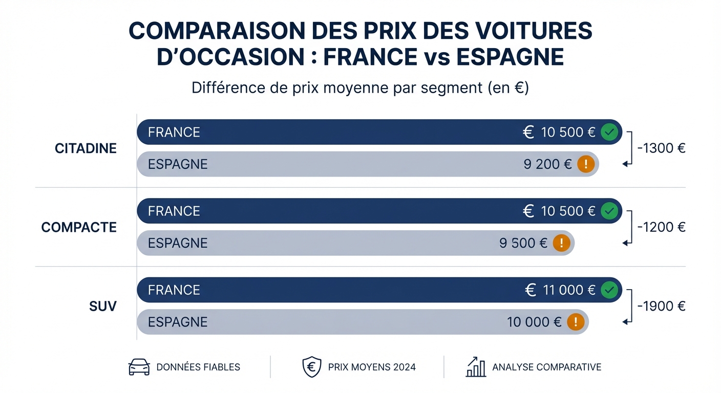 Comparatif des prix moyens des voitures d'occasion entre la France et l'Espagne