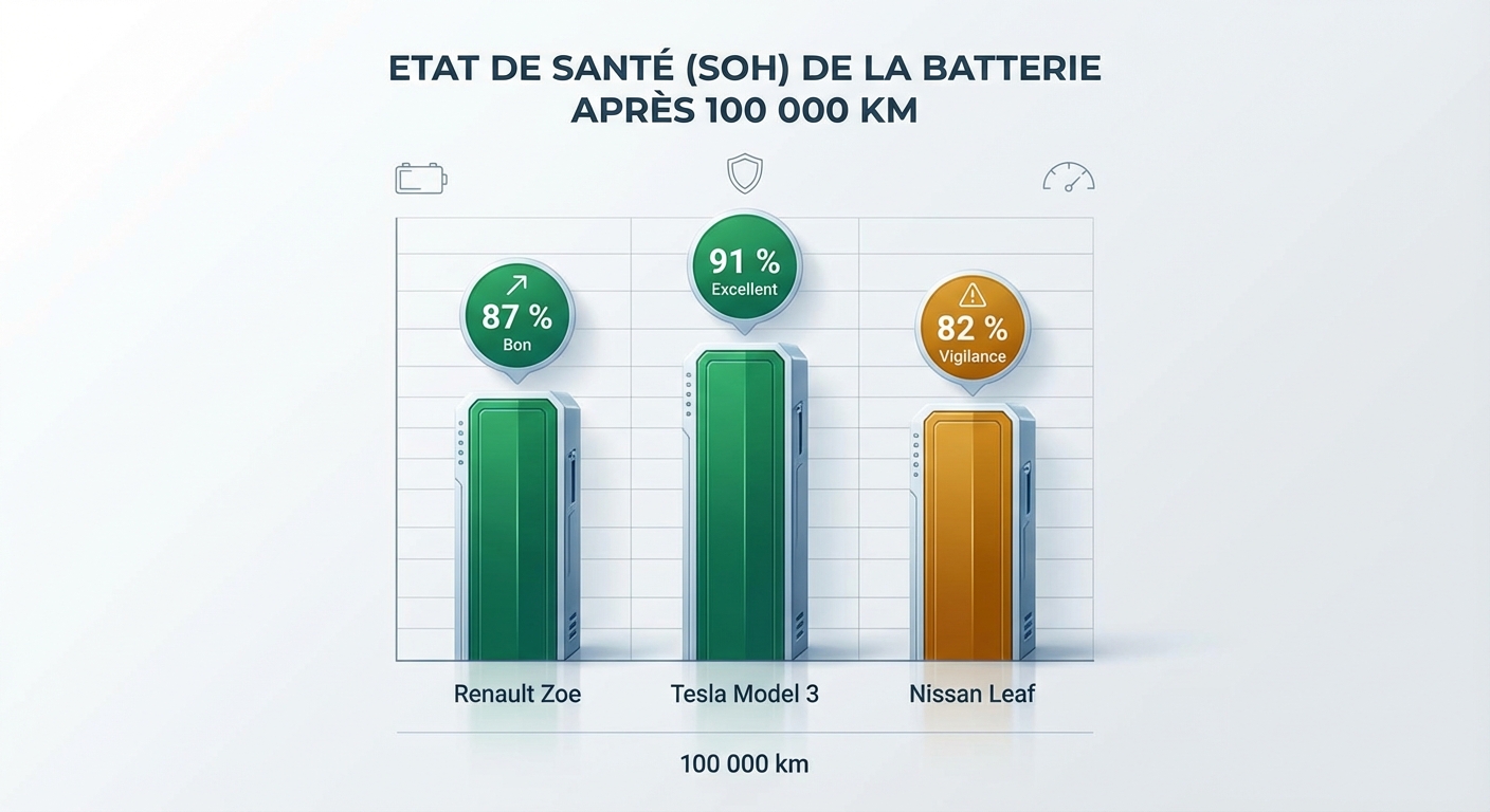 Graphique comparant le SoH après 100 000 km pour la Renault Zoe, Tesla Model 3 et Nissan Leaf