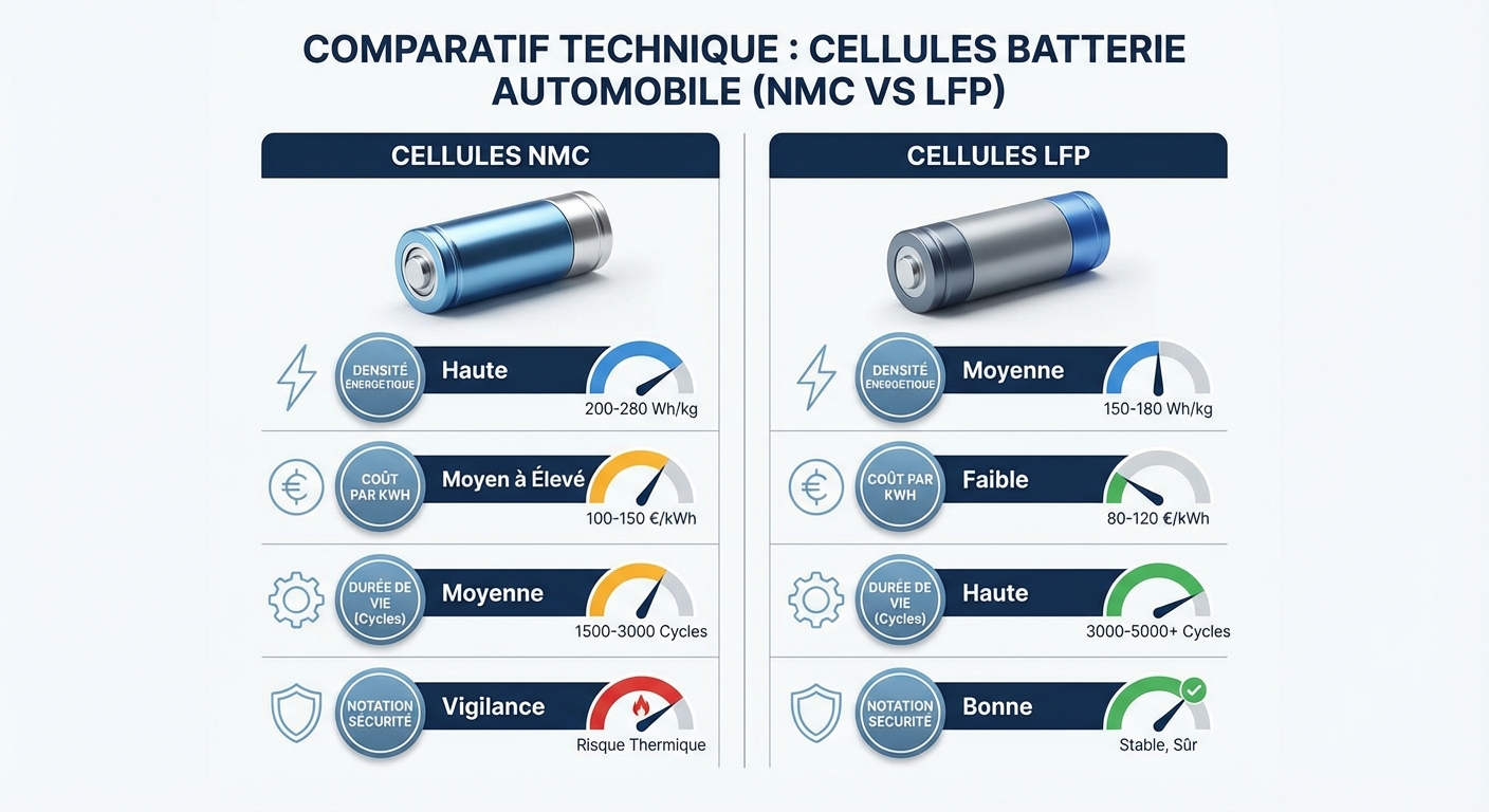 Infographie comparant les batteries NMC et LFP sur la densité énergétique, le coût, la durée de vie et la sécurité