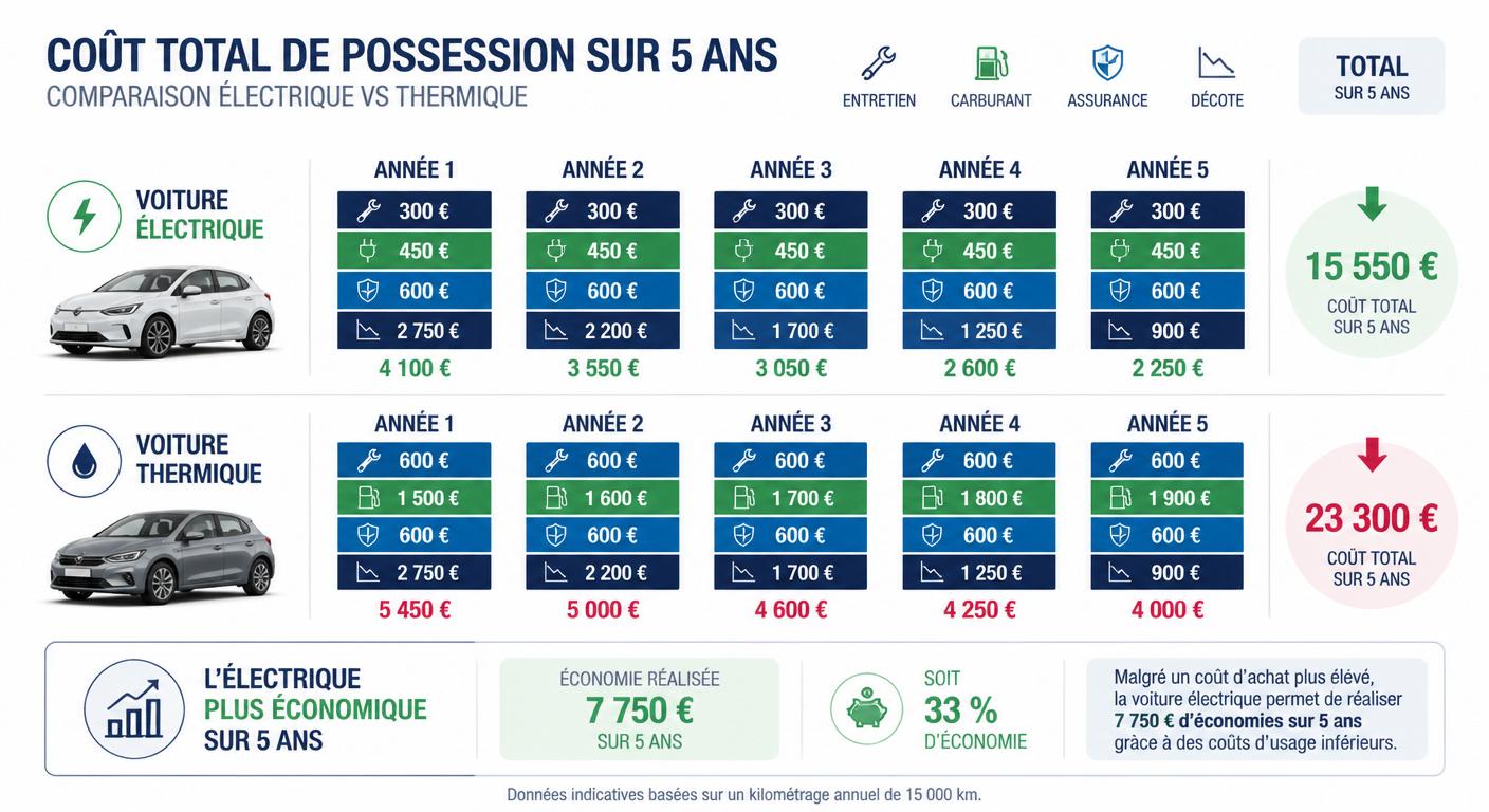 Comparatif du coût total de possession sur 5 ans : véhicule électrique vs thermique