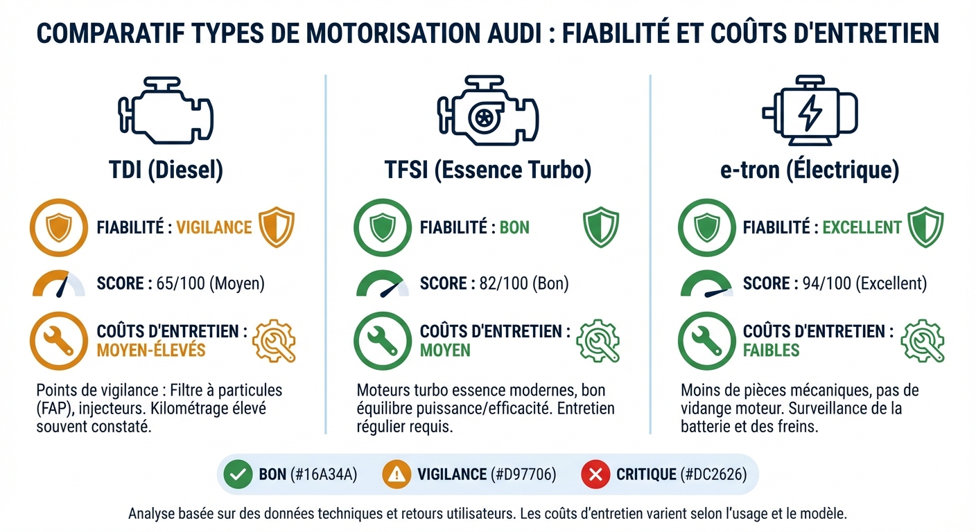 Comparatif fiabilité des motorisations Audi : TDI, TFSI, S tronic et e-tron
