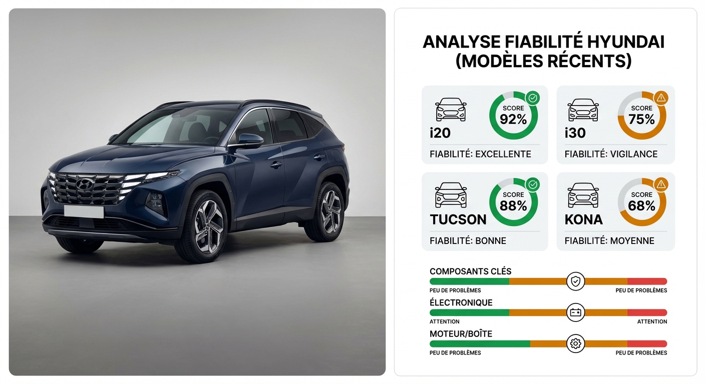 Infographie comparant la fiabilité des Hyundai i20, i30, Tucson et Kona en occasion