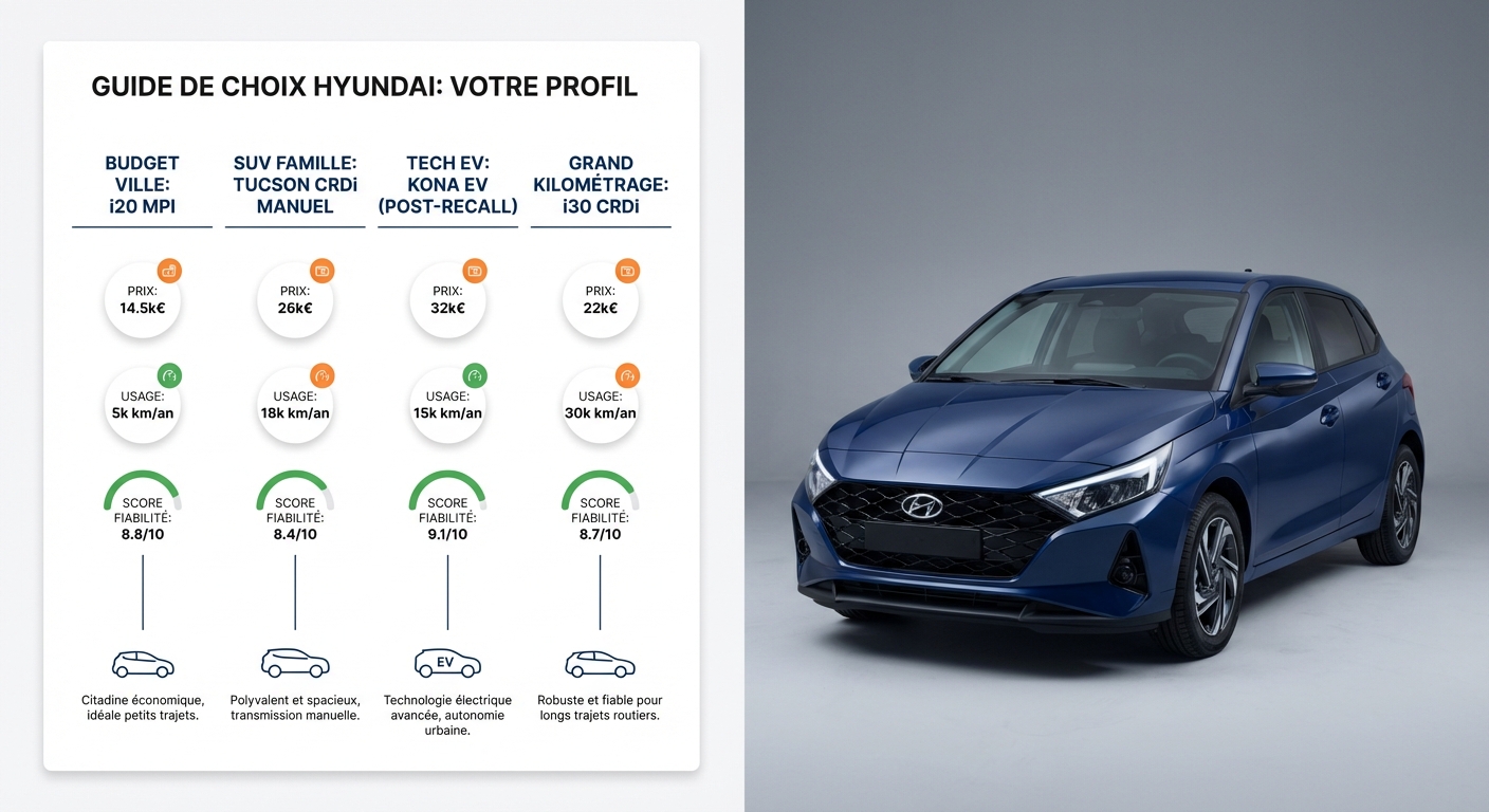 Infographie indiquant quel modèle Hyundai choisir selon le profil (budget, famille, électrique, gros rouleur)