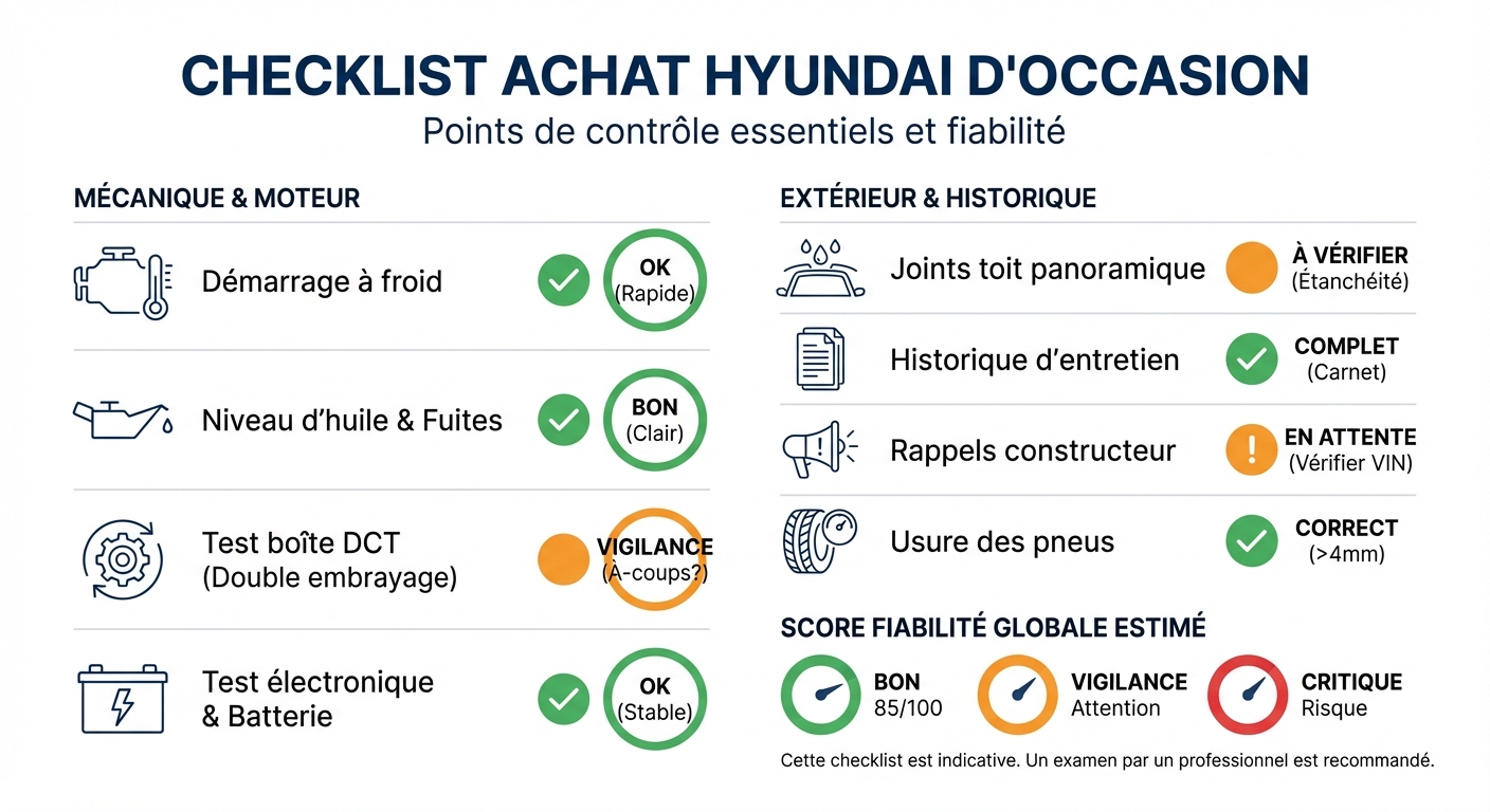 Infographie listant les vérifications clés avant d'acheter une Hyundai d'occasion