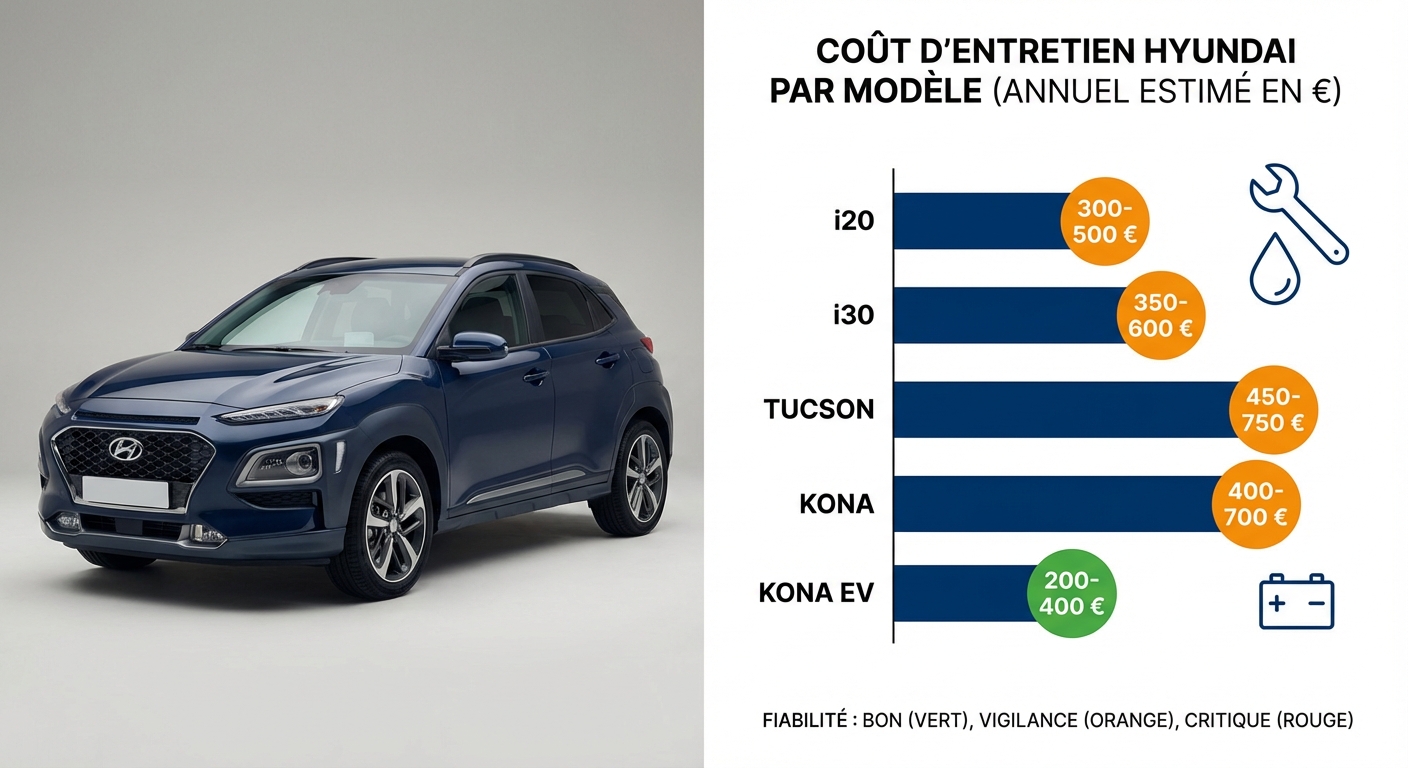 Infographie montrant des ordres de grandeur du budget d'entretien annuel pour i20, i30, Tucson, Kona et Kona EV