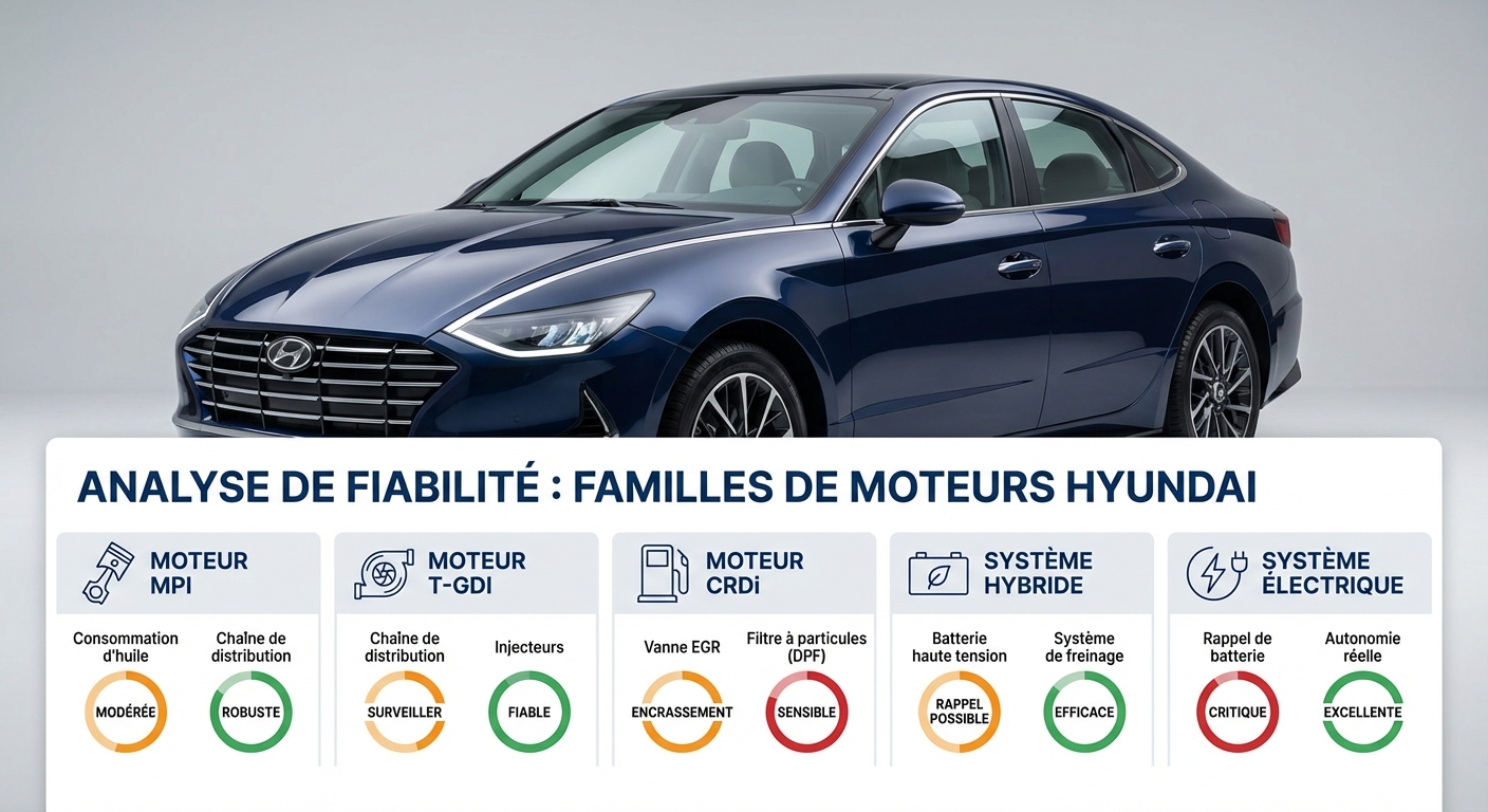 Infographie résumant les motorisations Hyundai et leurs principaux points de vigilance (MPI, T-GDI, CRDi, hybride, électrique)