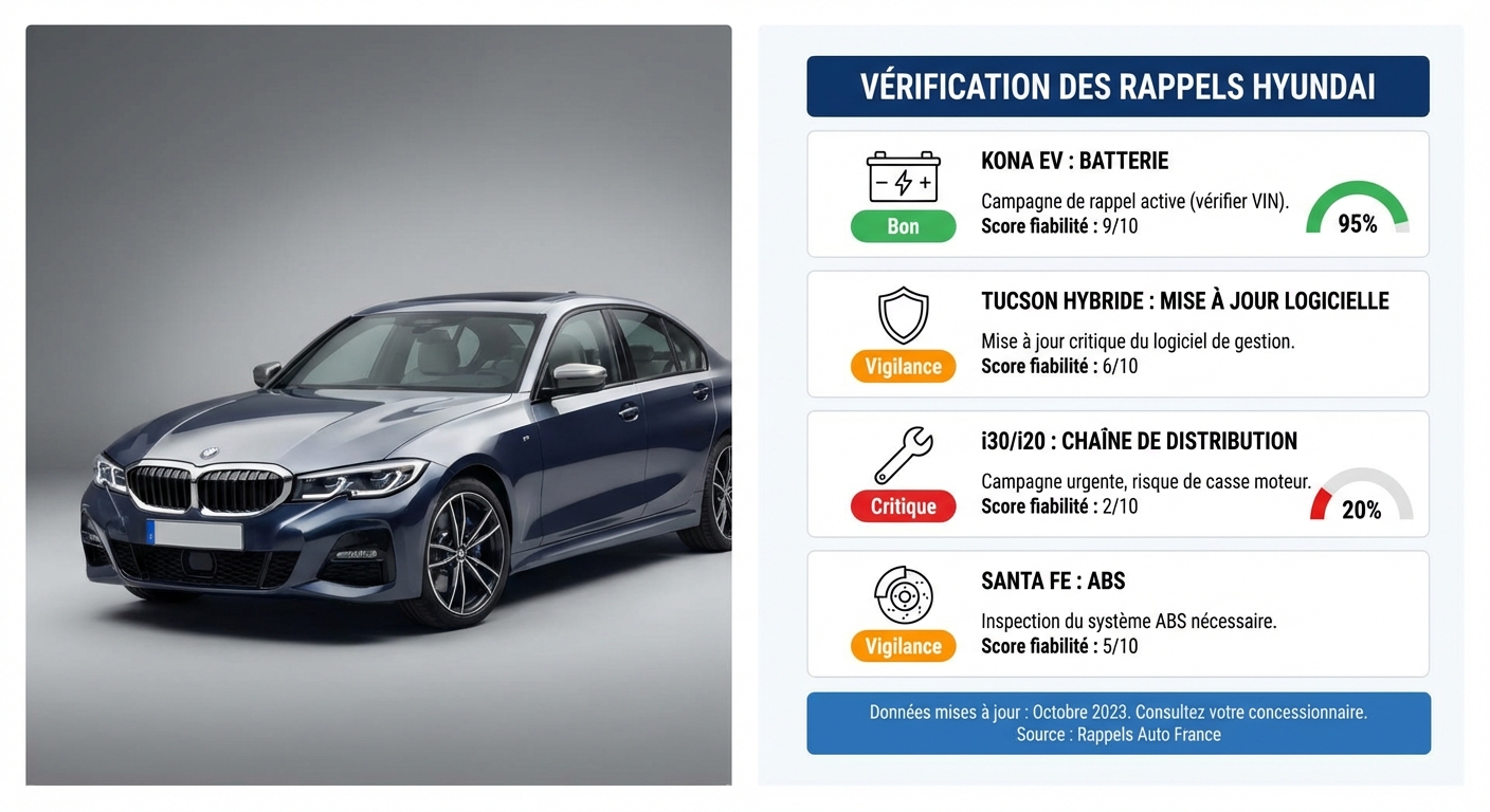 Infographie résumant les principaux rappels Hyundai à vérifier en France (Kona EV batterie, Tucson hybride, i30/i20 chaîne, Santa Fe ABS)