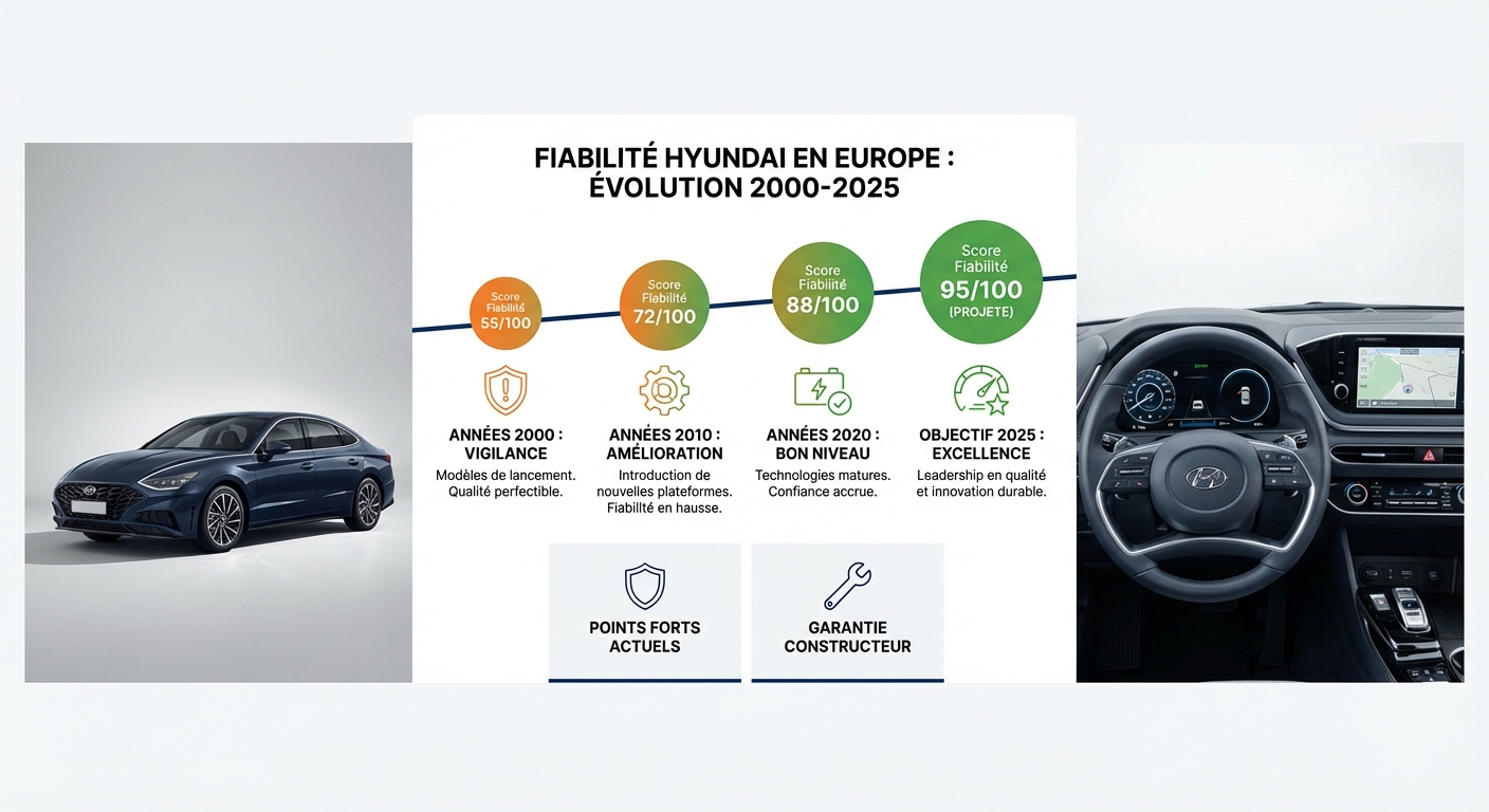 Infographie sur la progression de la fiabilité Hyundai en Europe entre les années 2000 et 2025