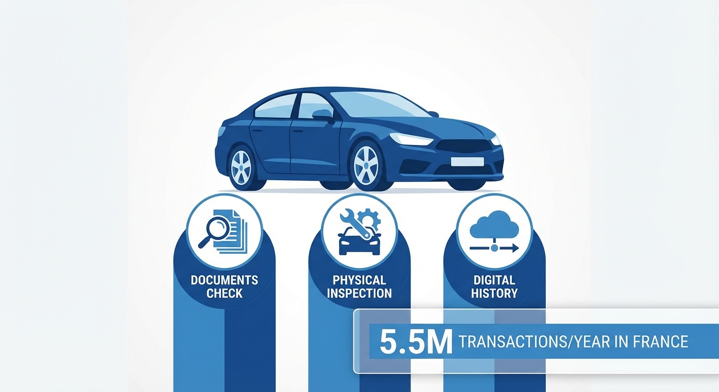 Infographie des 3 piliers de vérification d'une voiture d'occasion : documents, inspection physique, historique numérique