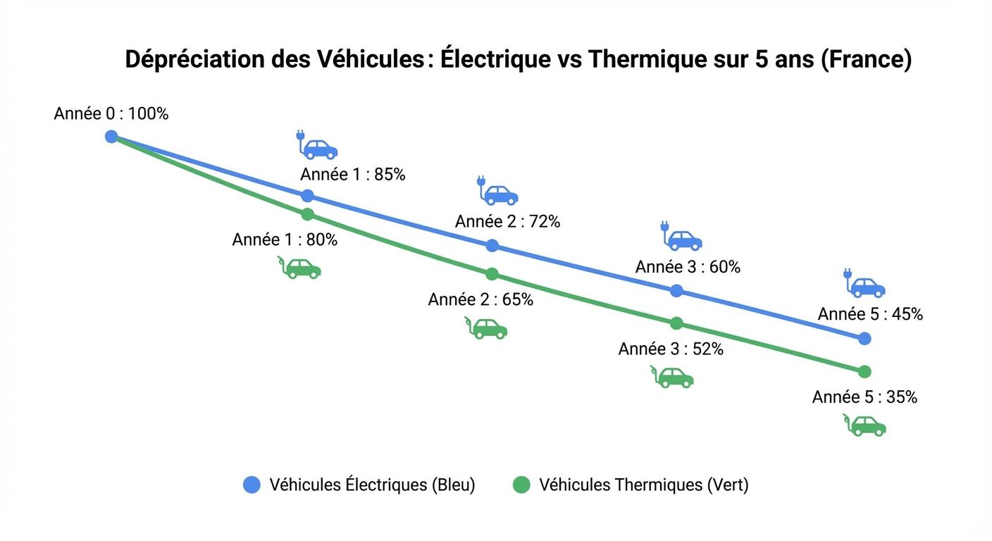 Courbe de décote comparée véhicule électrique vs thermique sur 5 ans en France