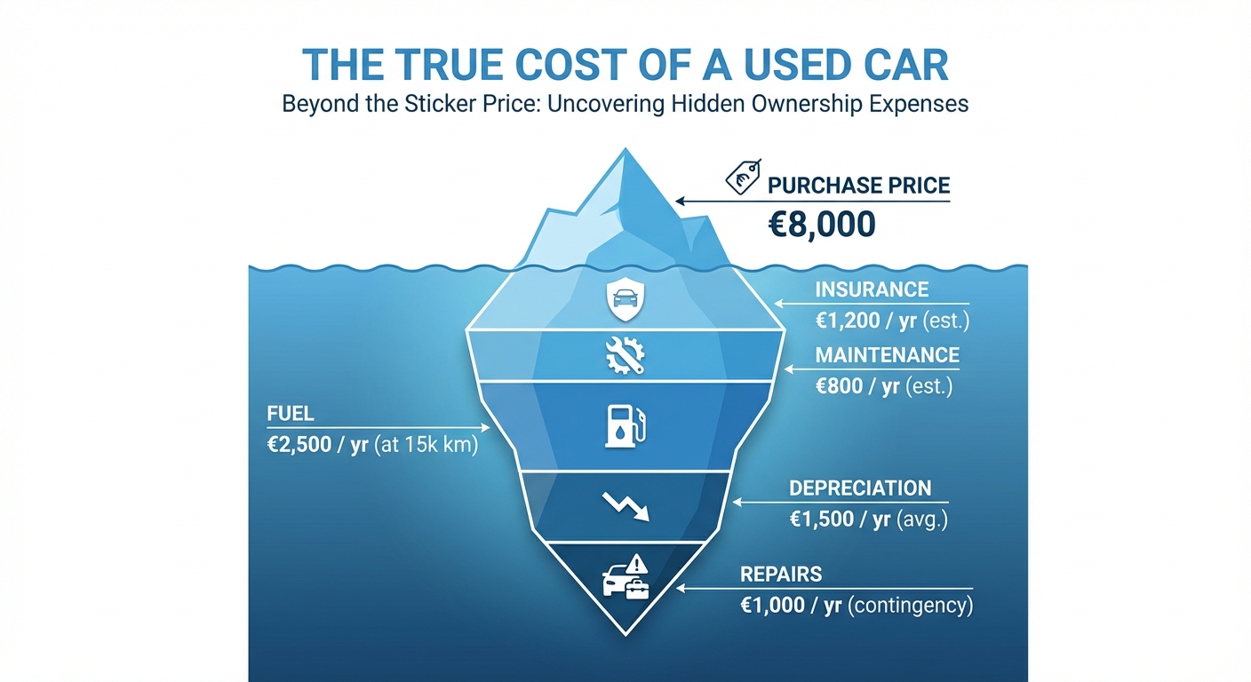 Infographie iceberg montrant le coût réel d'une voiture d'occasion au-delà du prix d'achat