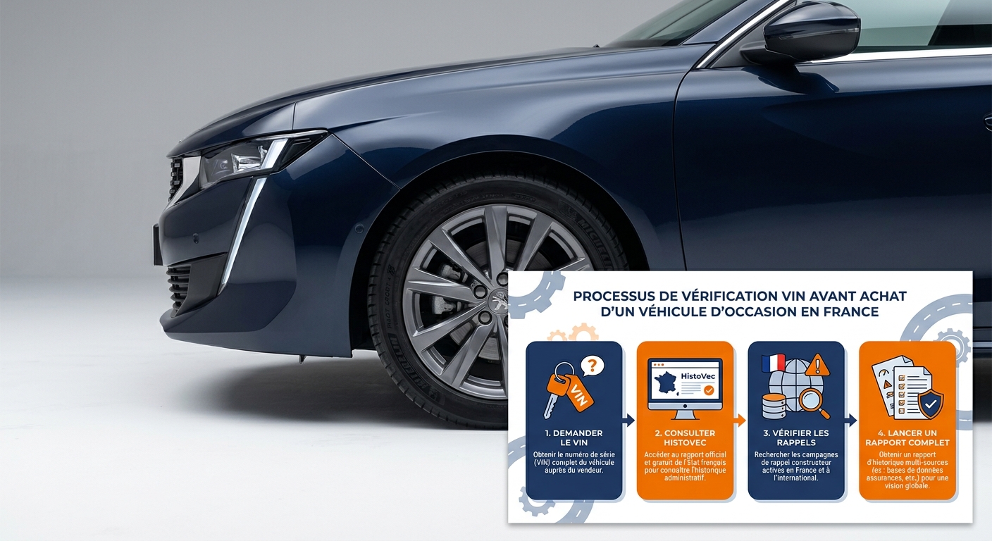 Infographie du protocole de vérification VIN en 4 étapes avant achat