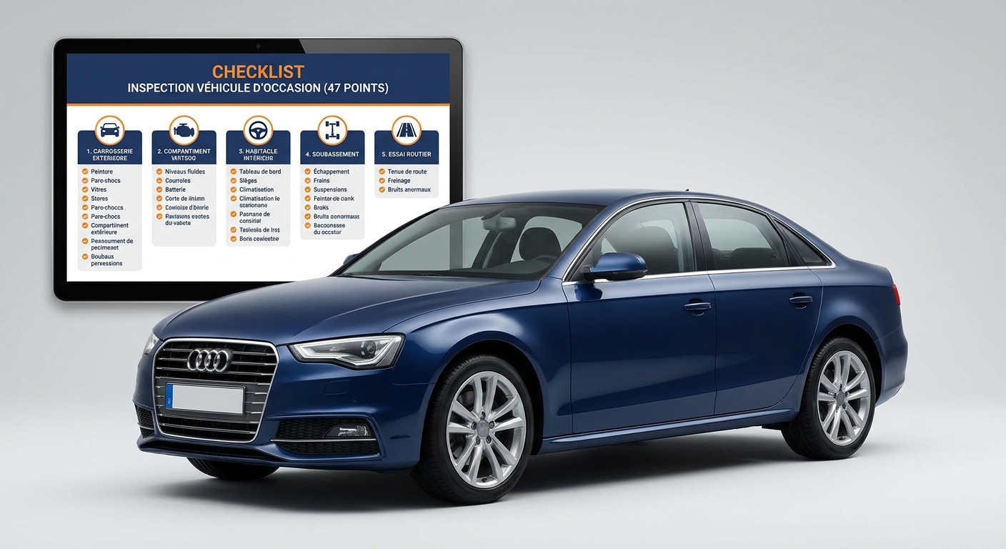 Infographie de la checklist 47 points pour inspecter une voiture d'occasion