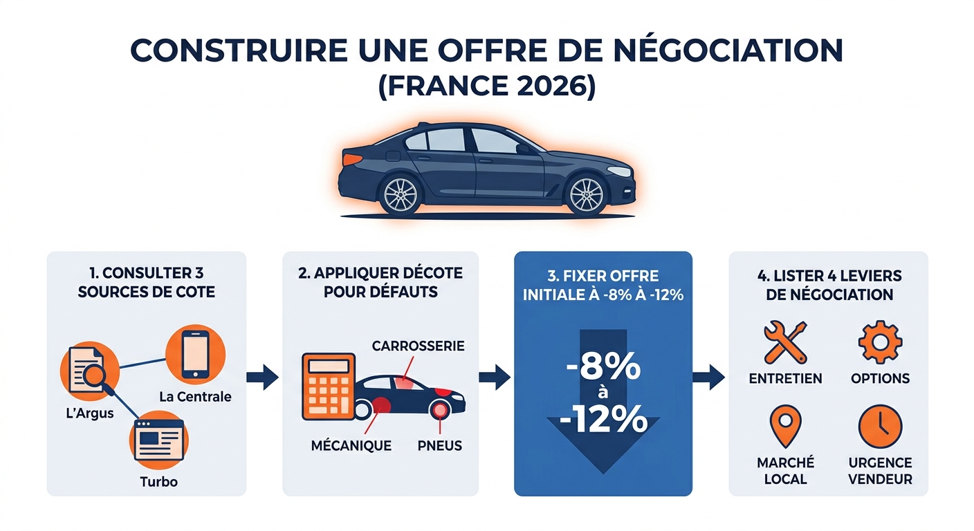 Infographie de la méthode de négociation chiffrée pour un achat voiture occasion entre particuliers