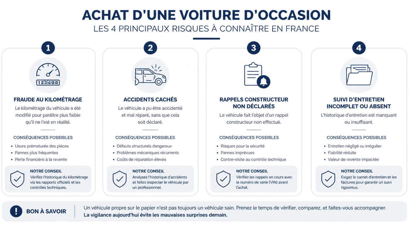Infographie des quatre risques principaux à l'achat d'une voiture d'occasion en France