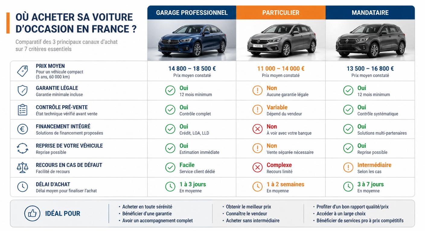 Comparatif des trois canaux d'achat d'une voiture d'occasion en France