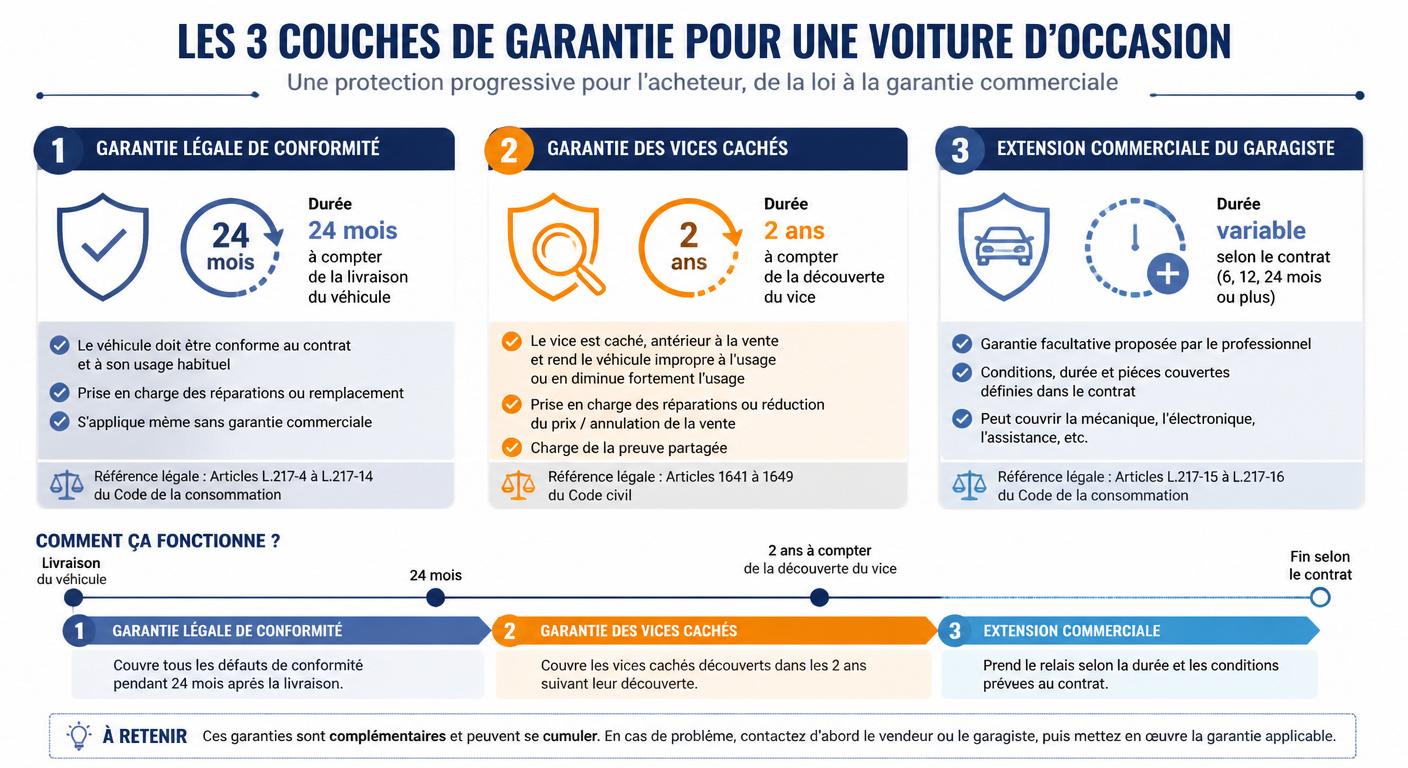Les trois garanties applicables à l'achat d'une voiture d'occasion en garage en France