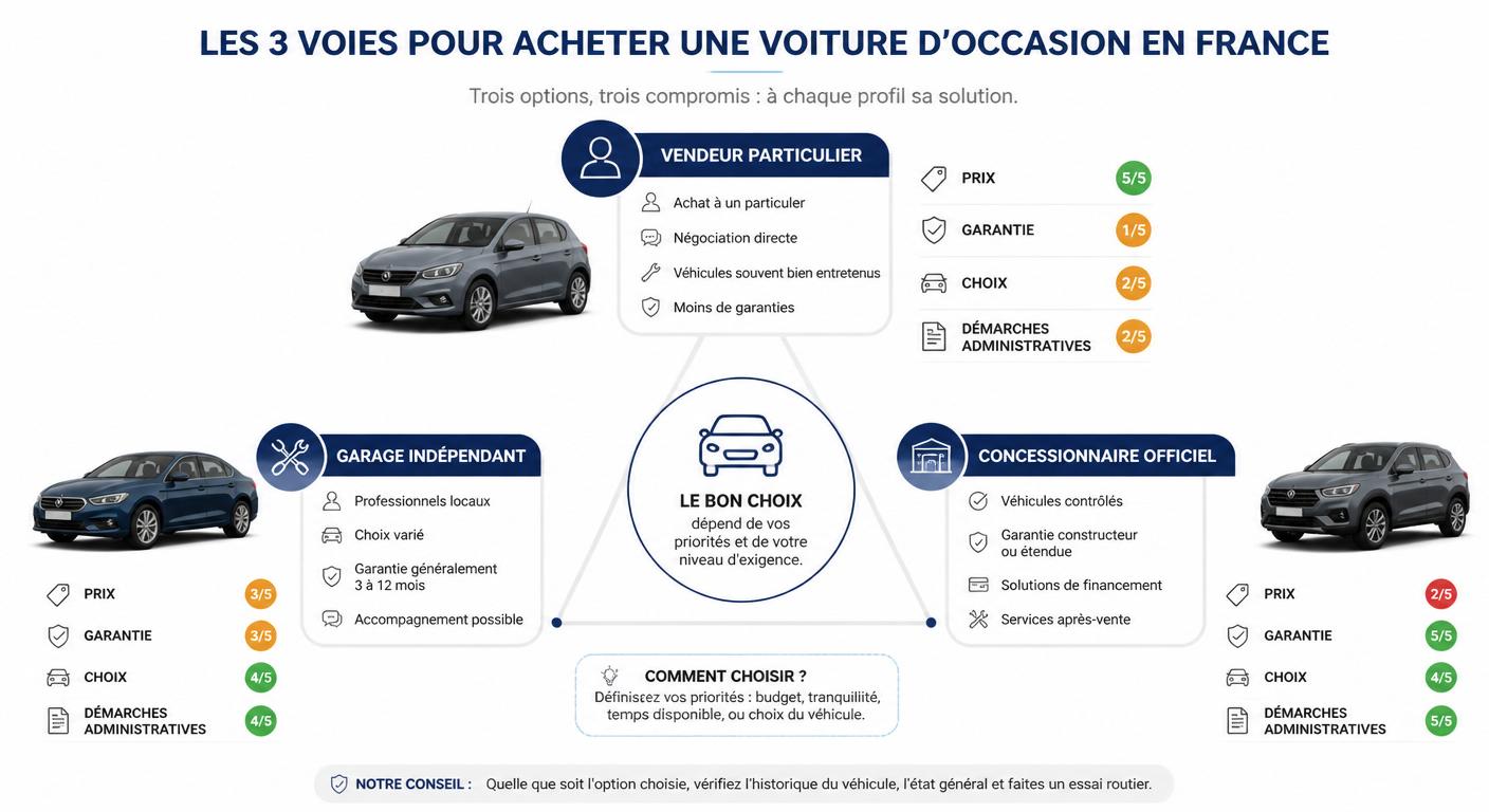 Infographie comparant les trois canaux d'achat de voiture d'occasion en France