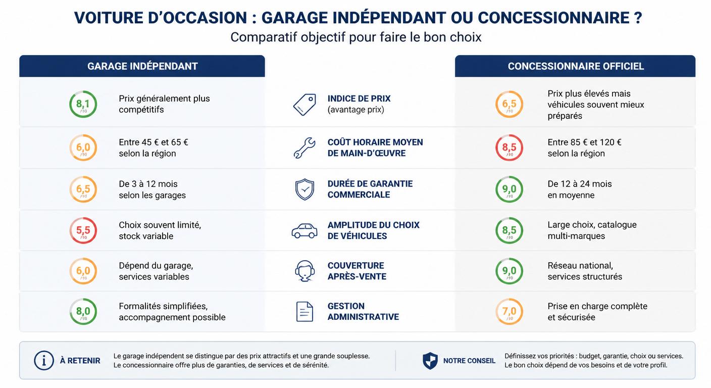 Infographie chiffrée comparant garage indépendant et concessionnaire pour l'achat d'une voiture d'occasion