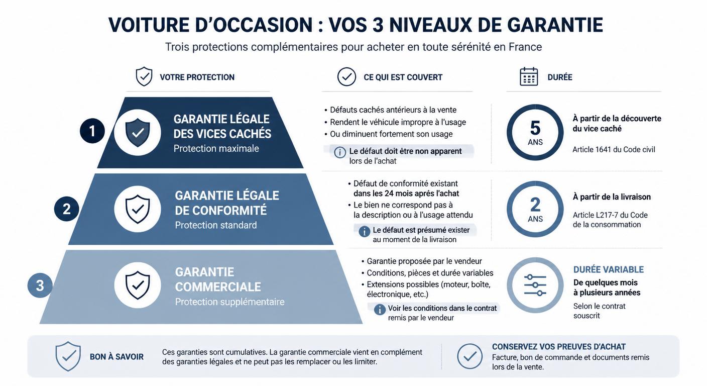 Infographie pédagogique sur les trois garanties protégeant l'acheteur d'une voiture d'occasion
