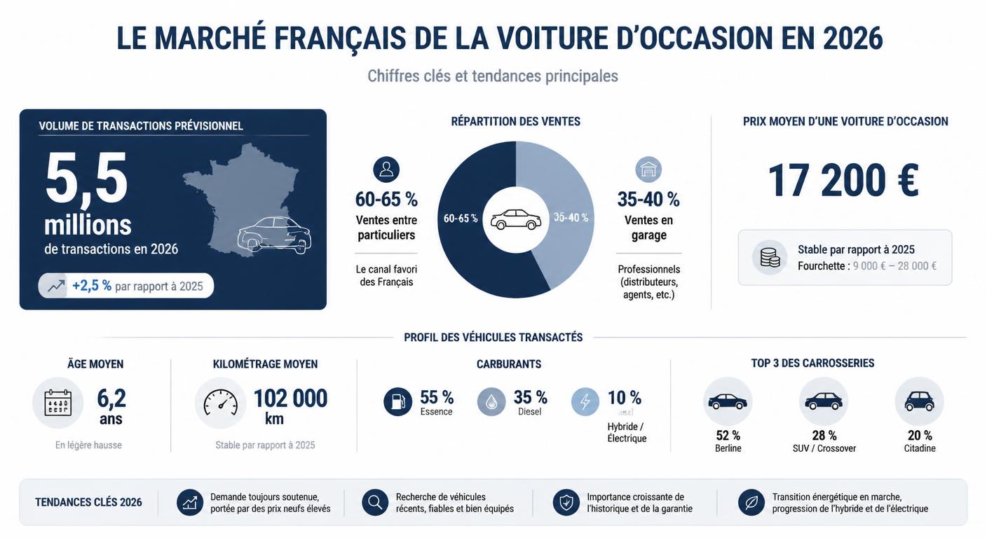Infographie présentant les chiffres clés du marché français de la voiture d'occasion en 2026