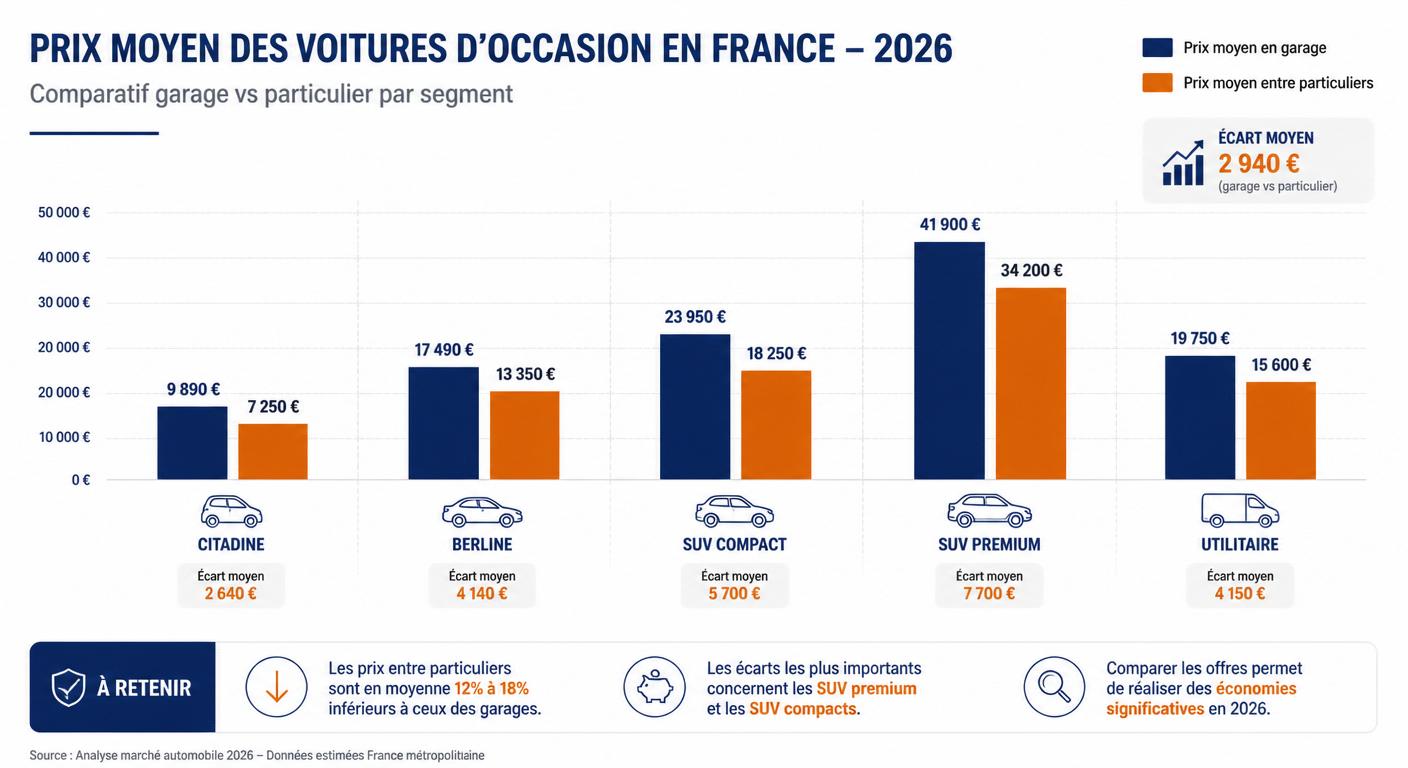 Infographie comparant l'écart de prix entre garage et particulier par segment automobile en France en 2026