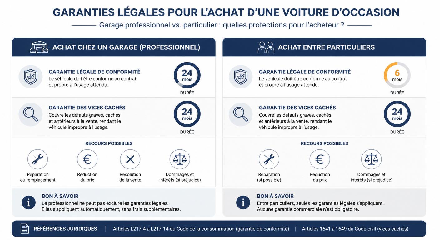 Infographie comparant les garanties et recours juridiques pour l'achat d'une voiture d'occasion en garage et chez un particulier