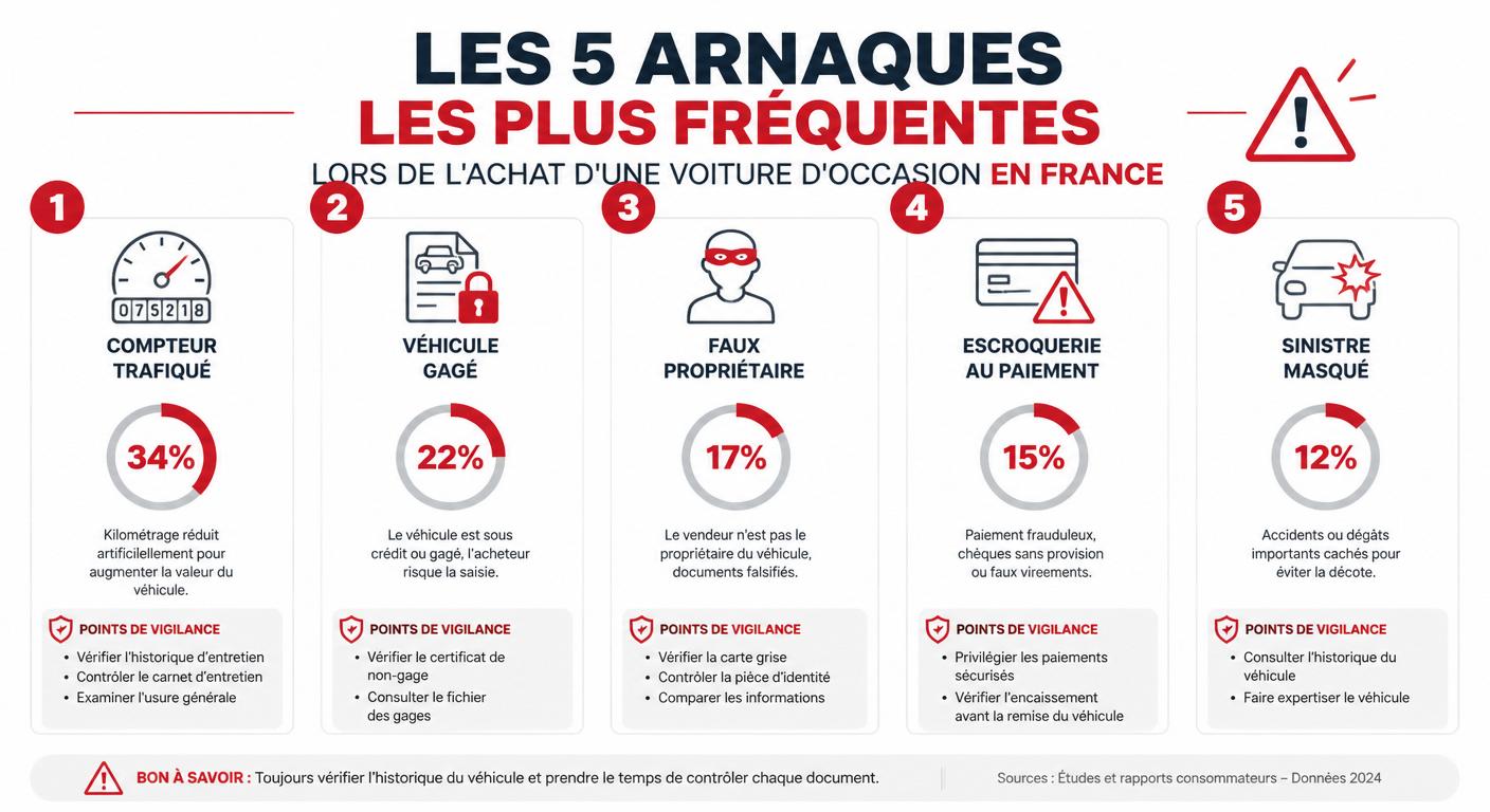 Infographie des 5 arnaques les plus fréquentes lors de l'achat d'une voiture d'occasion en France