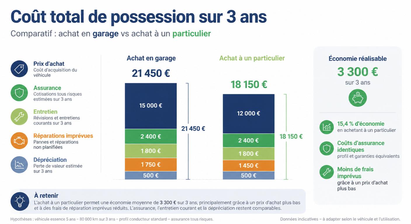 Infographie comparant le coût total de possession sur 3 ans d'une voiture d'occasion achetée en garage et chez un particulier