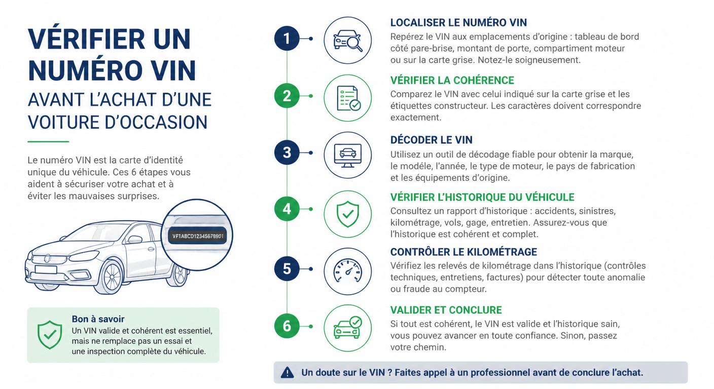 Infographie des 6 étapes pour vérifier un numéro VIN avant l'achat d'une voiture d'occasion