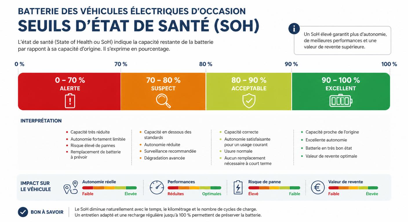 Infographie des seuils d'état de santé de la batterie SoH pour les véhicules électriques d'occasion populaires