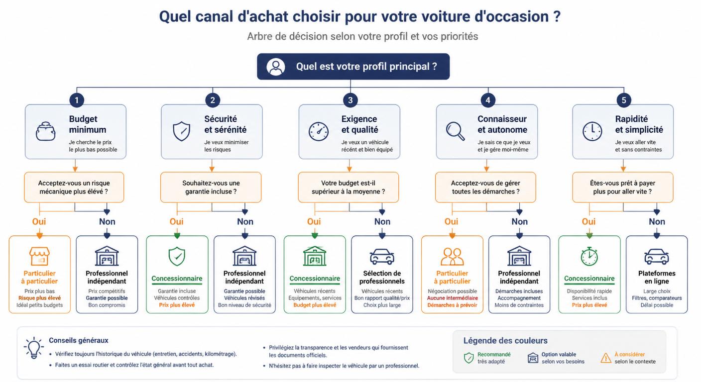 Arbre de décision pour choisir entre garage et particulier selon le profil d'acheteur