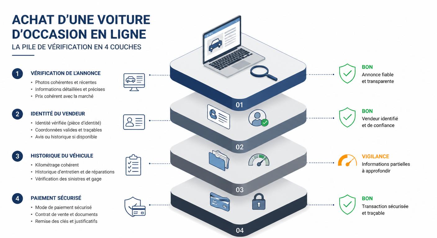 Infographie de la pile de vérification pour un achat de voiture d'occasion en ligne sécurisé