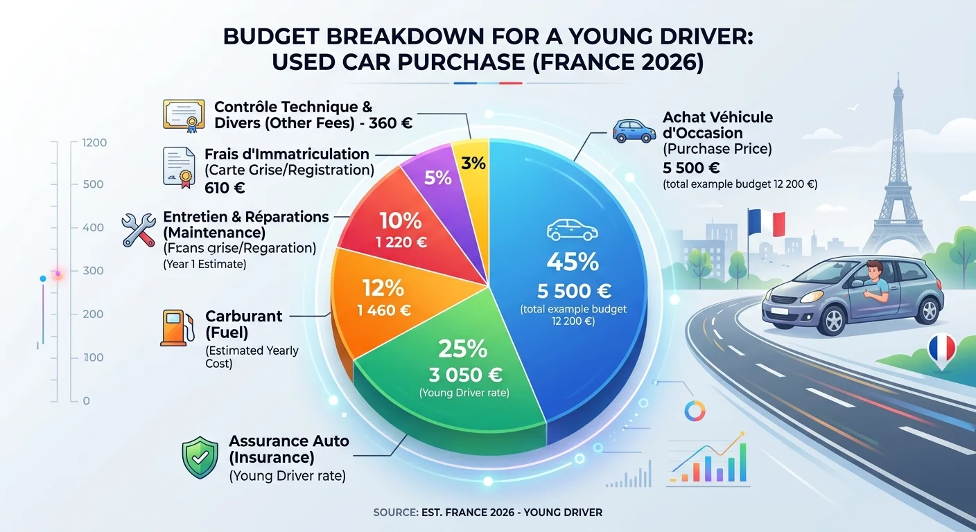 Répartition du budget total pour l'achat d'une voiture d'occasion par un jeune conducteur en 2026