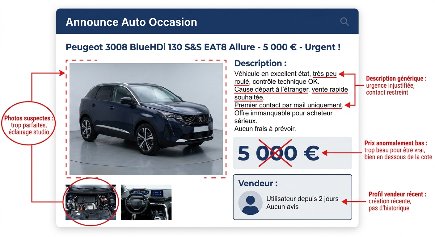 Infographie annotée d'une annonce frauduleuse de voiture d'occasion sur LeBonCoin avec sept signaux d'alerte