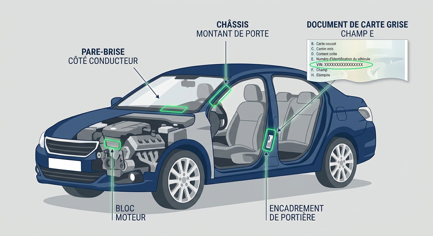 Infographie présentant les cinq emplacements du numéro VIN sur une voiture pour vérification d'authenticité