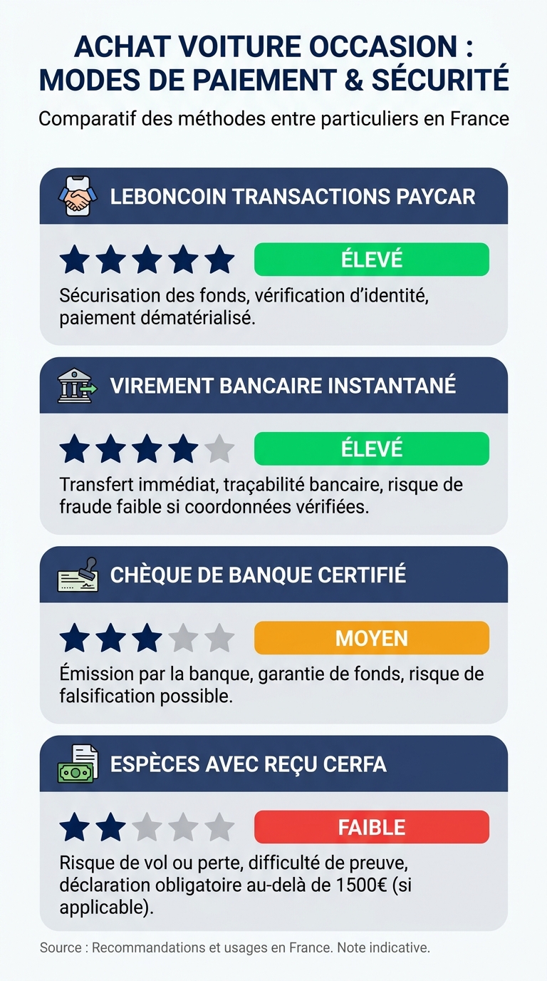 Infographie classant les cinq modes de paiement les plus sûrs pour acheter une voiture d'occasion en France entre particuliers