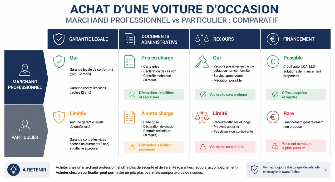 Infographie comparant l'achat de voiture d'occasion chez un marchand et chez un particulier