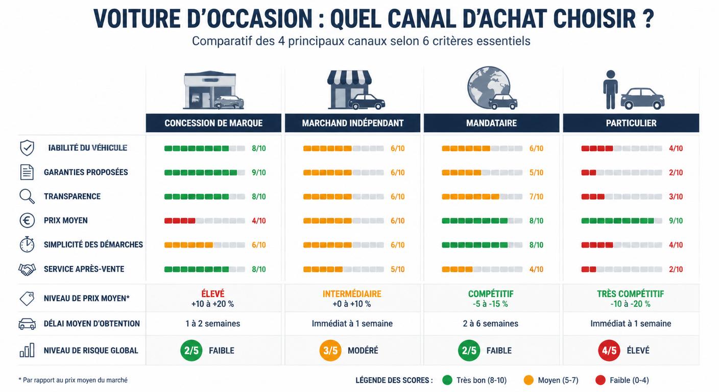 Infographie comparative des quatre canaux d'achat d'une voiture d'occasion en France