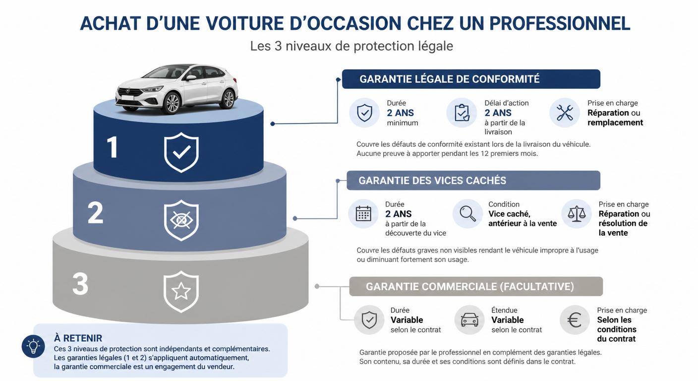 Infographie des trois niveaux de garantie chez un marchand de voitures d'occasion