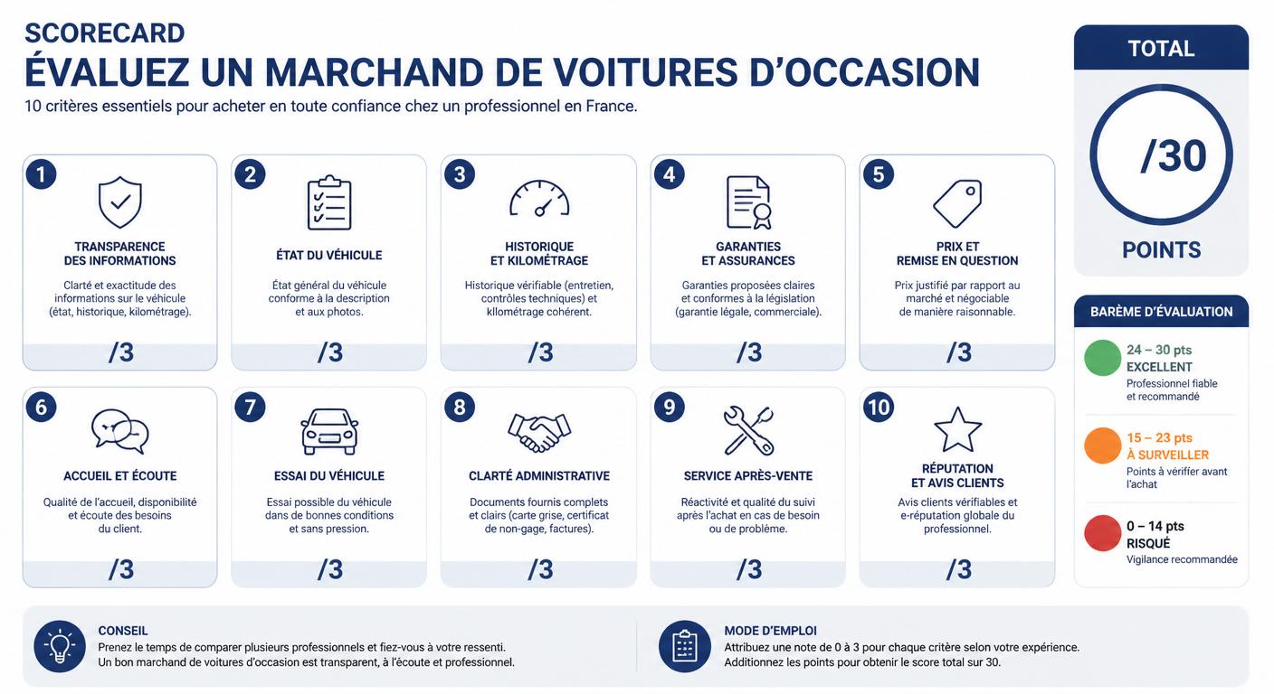 Infographie grille de scoring d'un marchand de voitures d'occasion