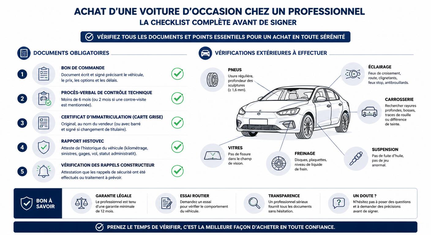 Infographie des documents et vérifications obligatoires avant l'achat d'une voiture d'occasion chez un marchand