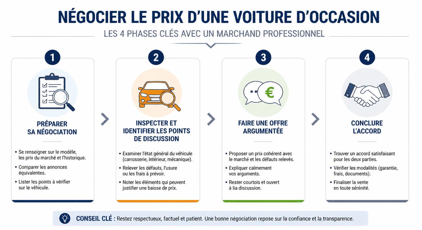 Infographie de la méthode de négociation en 4 étapes face à un marchand de voitures d'occasion