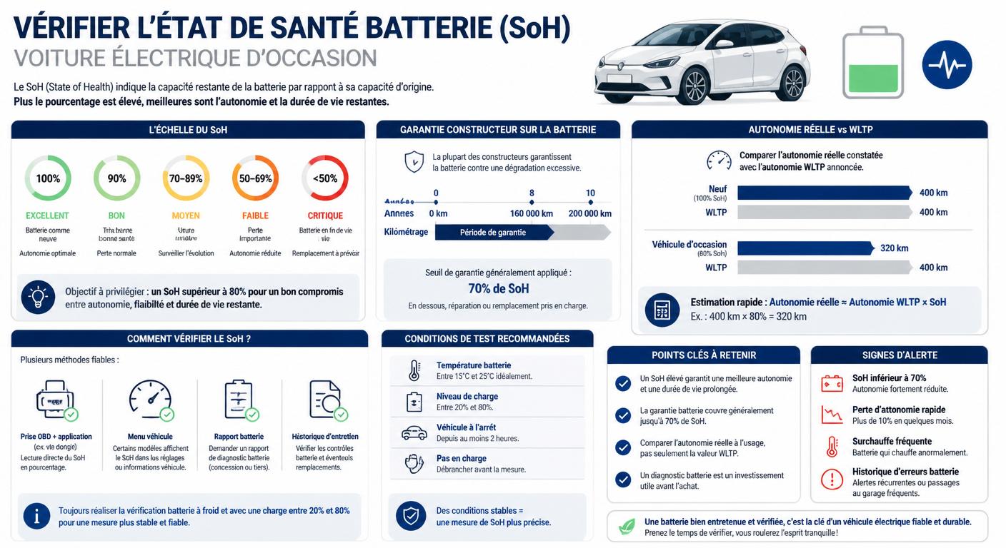 Infographie sur la vérification de l'état de santé batterie d'une voiture électrique d'occasion