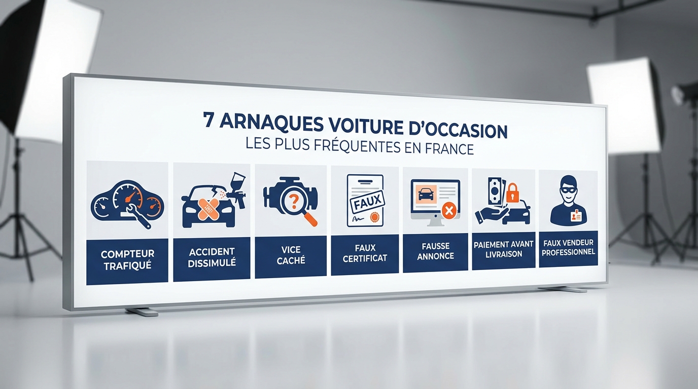 Infographie des 7 arnaques voiture d'occasion les plus fréquentes en France