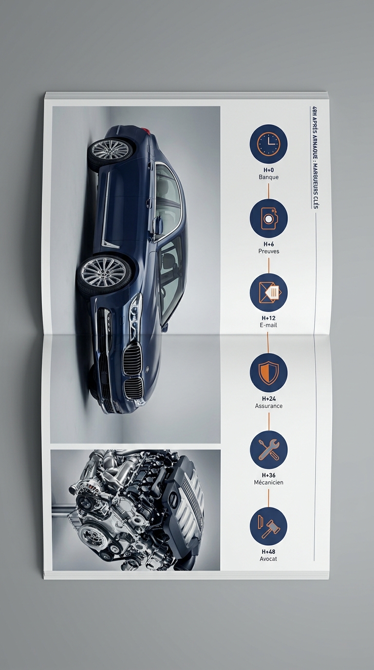 Calendrier visuel des actions à mener dans les 48 heures suivant une arnaque voiture d'occasion
