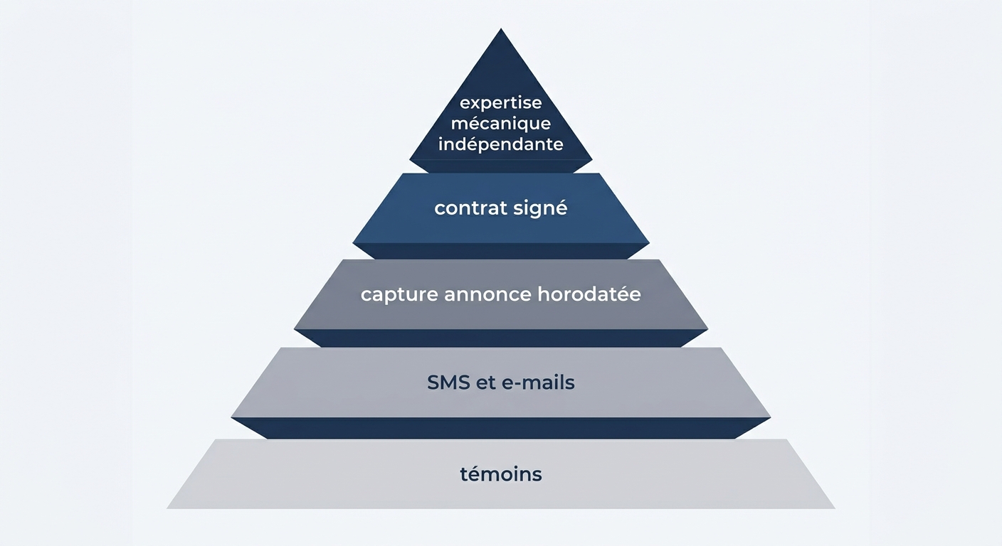 Pyramide de la force probante des preuves dans un dossier d'arnaque voiture d'occasion